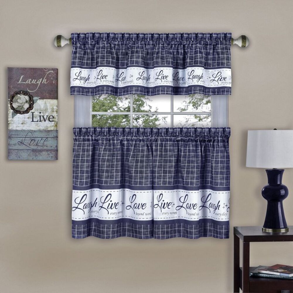 Country Gingham Check Live Laugh Love 3-Piece Cafe Plaid Kitchen Curtain Set